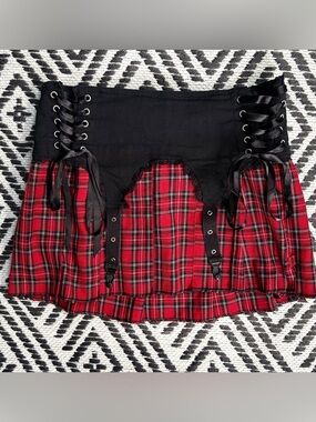 Vintage Tripp NYC Red Plaid Garter Pleated Mini Skirt XS Lace Up Corset Goth Y2K